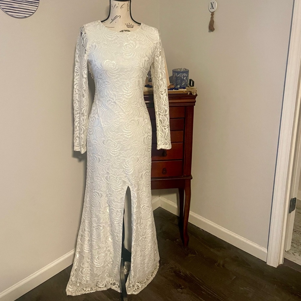 White lace wedding dress pearl open back